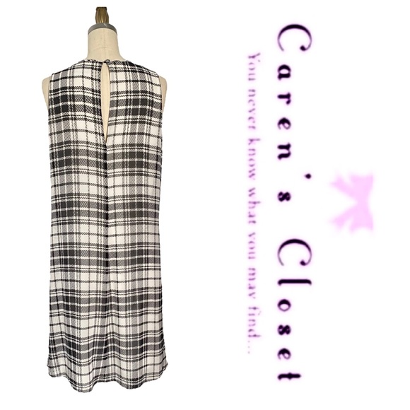 Calvin Klein Black & White Plaid Chiffon Trapeze Sleeveless Dress - Picture 7 of 11